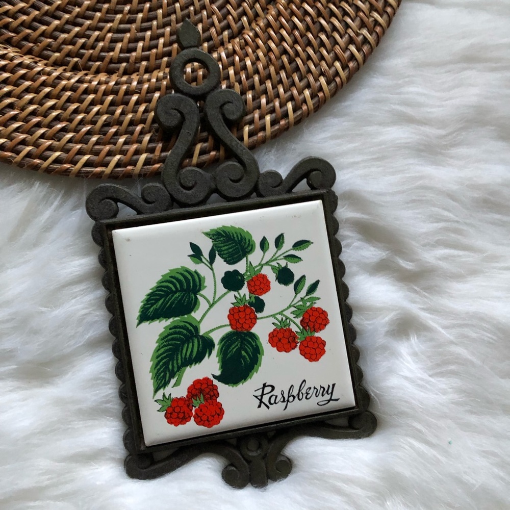 Cast Iron Ceramic Trivet Vintage Raspberry Flower